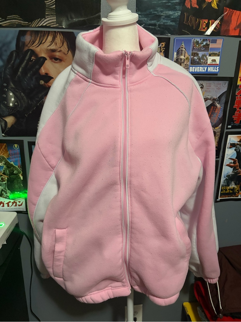 PLAYBOY Pink and White Full-Zip Fleece Hoodie